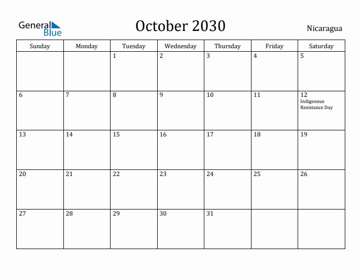 October 2030 Calendar Nicaragua