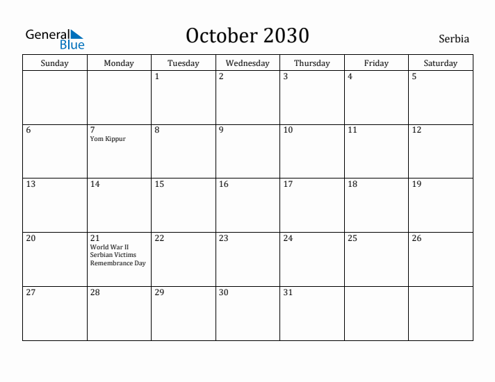October 2030 Calendar Serbia
