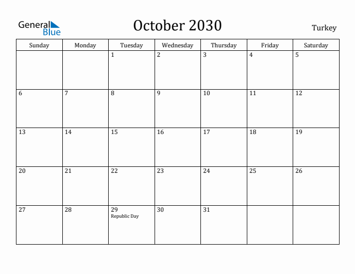 October 2030 Calendar Turkey