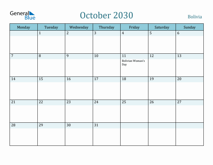 October 2030 Calendar with Holidays