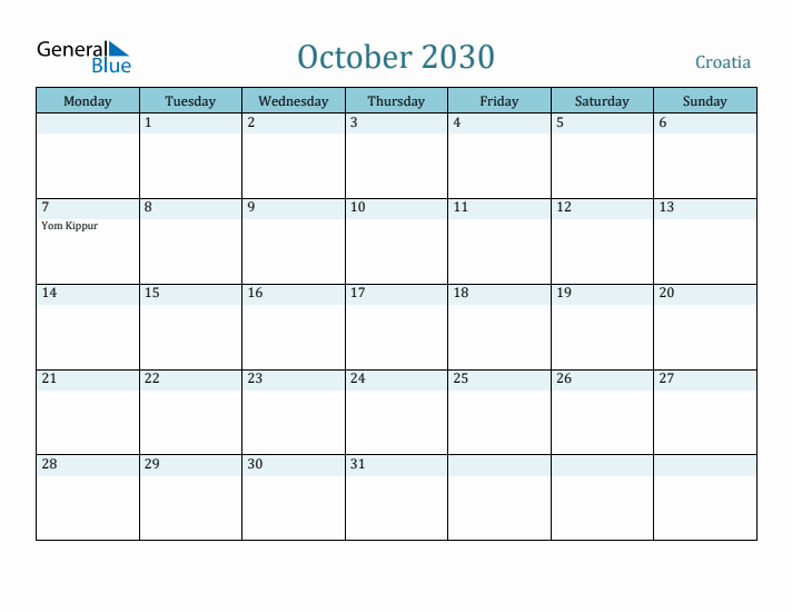 October 2030 Calendar with Holidays
