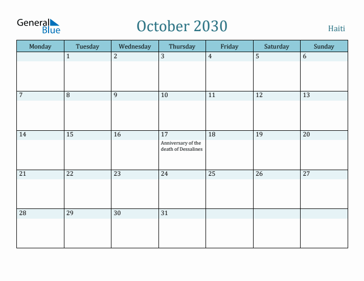 October 2030 Calendar with Holidays