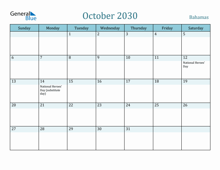 October 2030 Calendar with Holidays