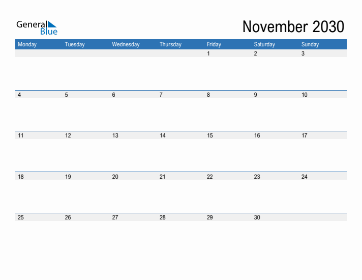 Fillable Calendar for November 2030