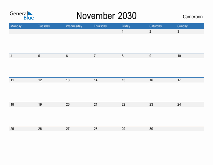 Fillable November 2030 Calendar