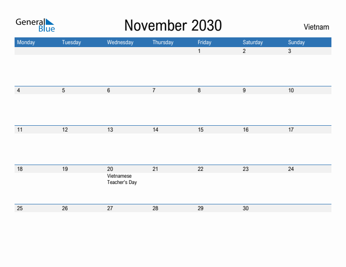 Fillable November 2030 Calendar