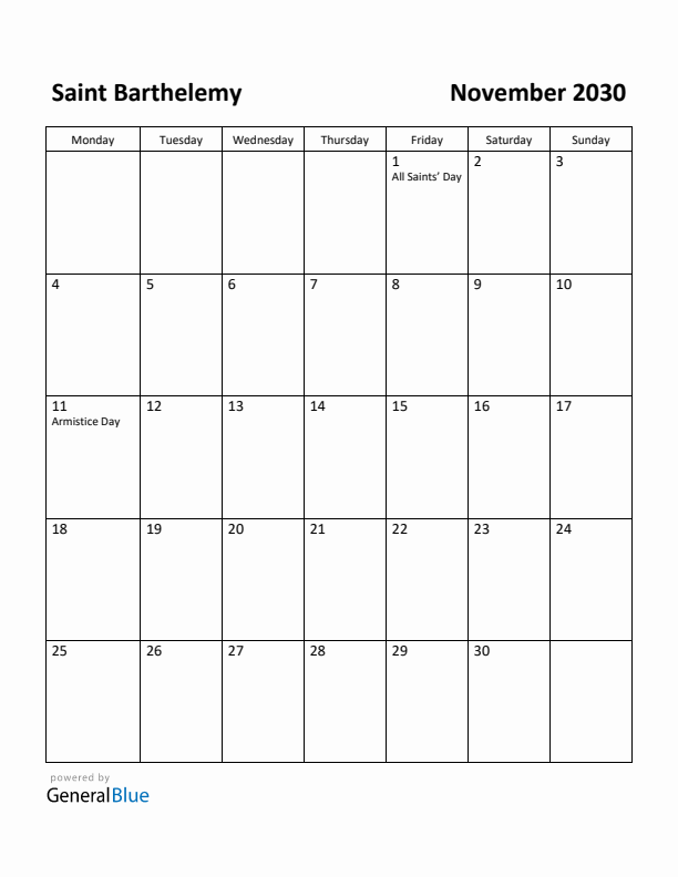 November 2030 Calendar with Saint Barthelemy Holidays