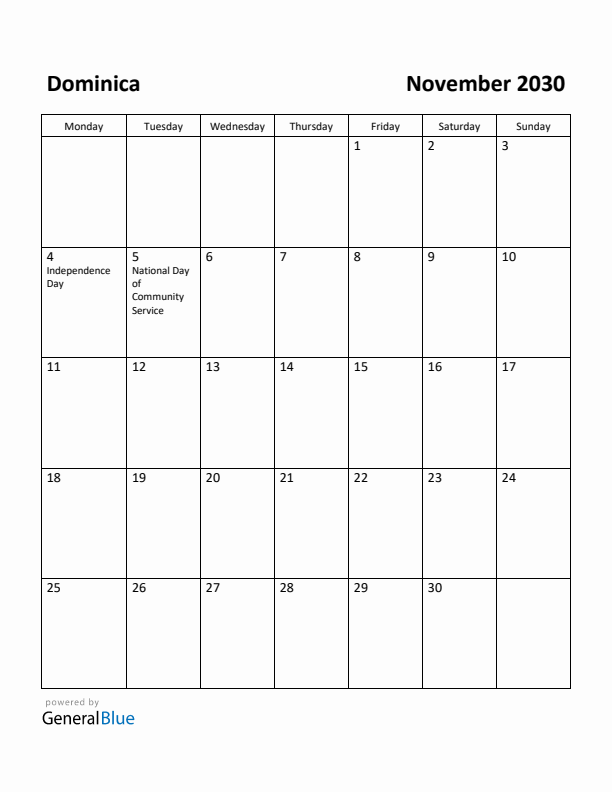 November 2030 Calendar with Dominica Holidays