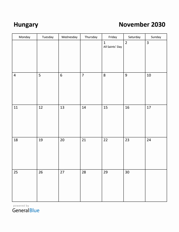 November 2030 Calendar with Hungary Holidays