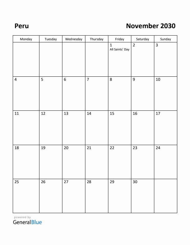 November 2030 Calendar with Peru Holidays