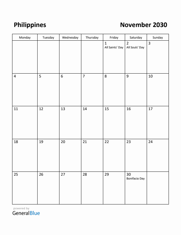 November 2030 Calendar with Philippines Holidays