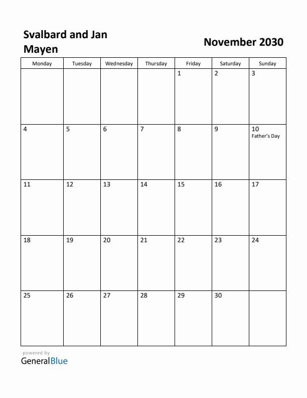 November 2030 Calendar with Svalbard and Jan Mayen Holidays