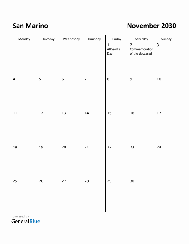 November 2030 Calendar with San Marino Holidays