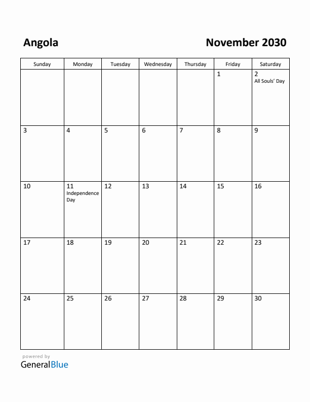 November 2030 Calendar with Angola Holidays