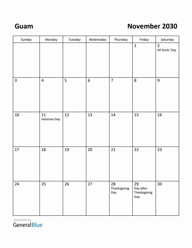 November 2030 Calendar with Guam Holidays
