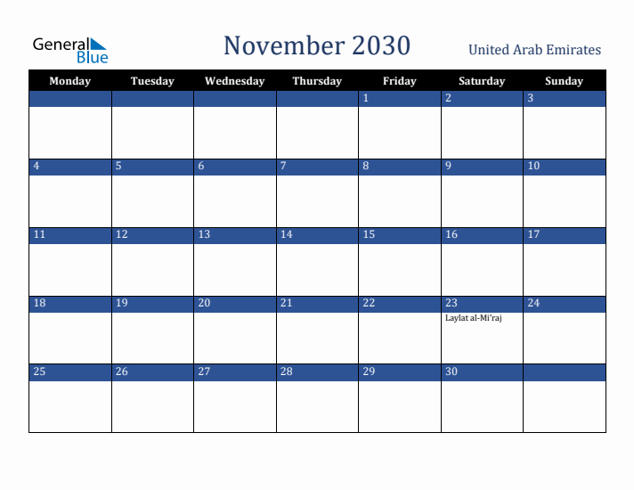 November 2030 United Arab Emirates Calendar (Monday Start)