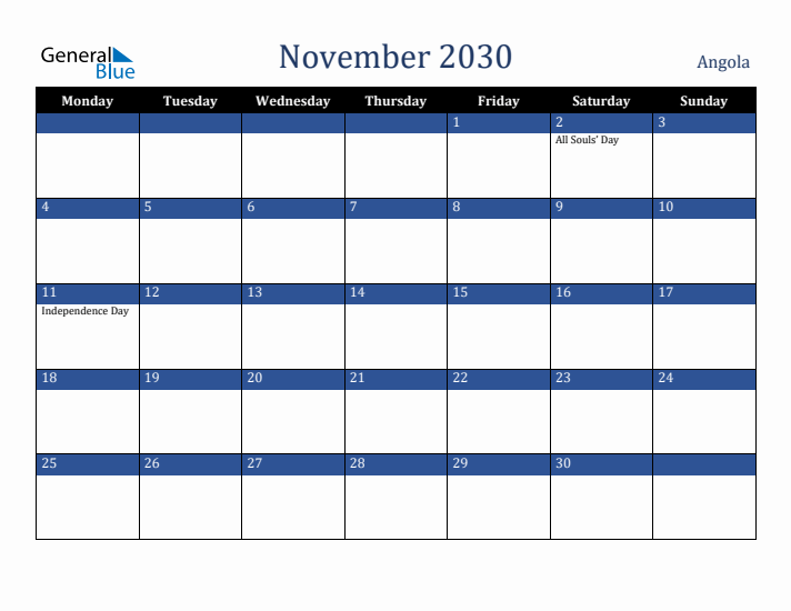 November 2030 Angola Calendar (Monday Start)