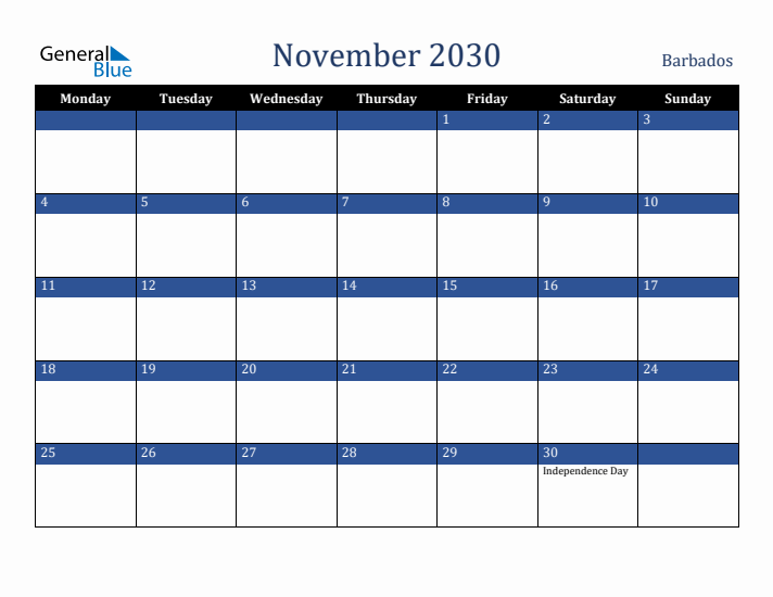 November 2030 Barbados Calendar (Monday Start)