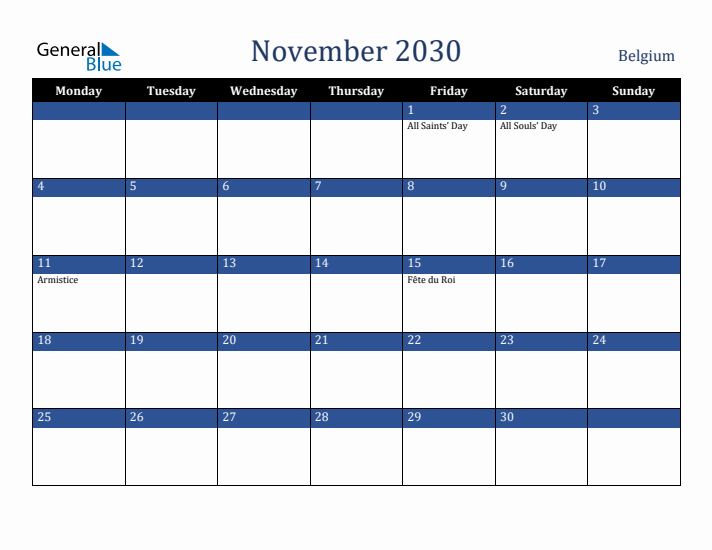 November 2030 Belgium Calendar (Monday Start)