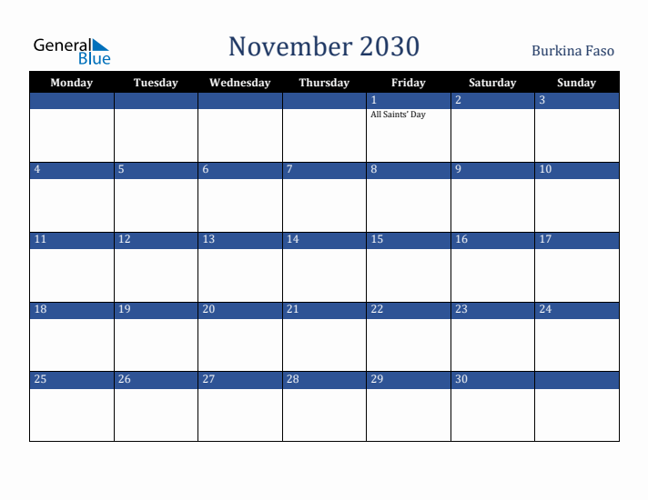 November 2030 Burkina Faso Calendar (Monday Start)