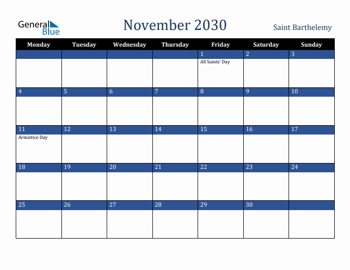 November 2030 Saint Barthelemy Calendar (Monday Start)