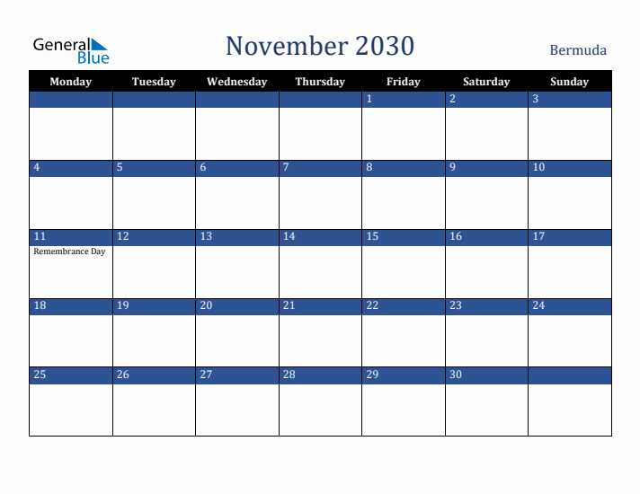 November 2030 Bermuda Calendar (Monday Start)