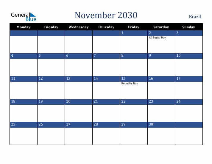 November 2030 Brazil Calendar (Monday Start)