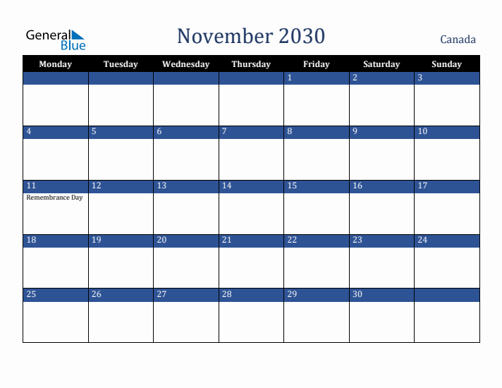 November 2030 Canada Calendar (Monday Start)