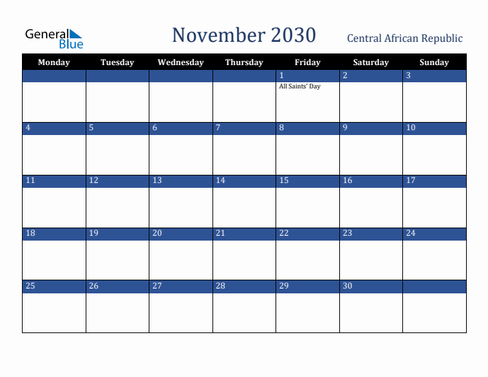 November 2030 Central African Republic Calendar (Monday Start)