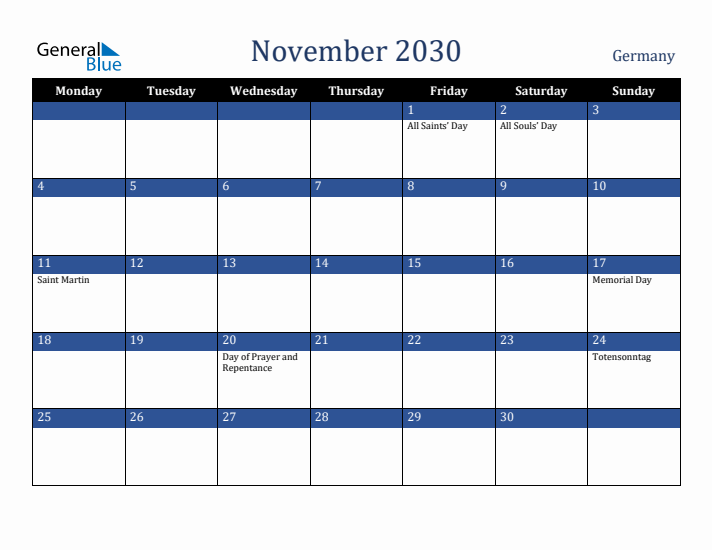 November 2030 Germany Calendar (Monday Start)