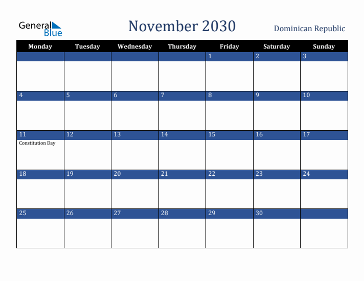 November 2030 Dominican Republic Calendar (Monday Start)