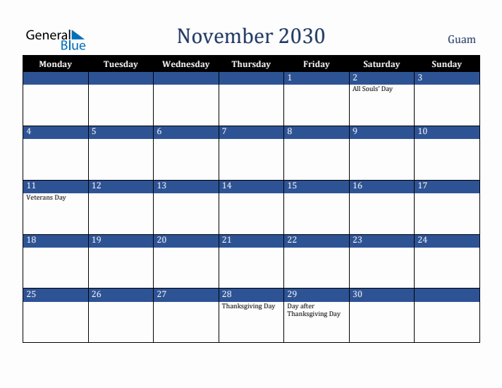 November 2030 Guam Calendar (Monday Start)