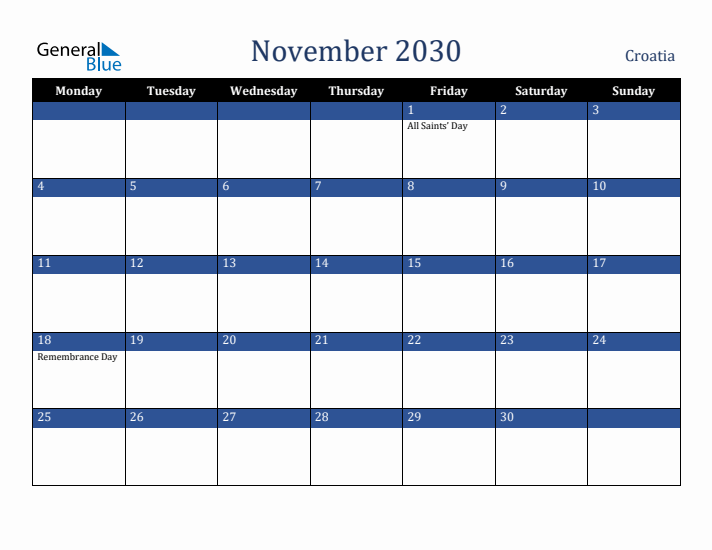 November 2030 Croatia Calendar (Monday Start)
