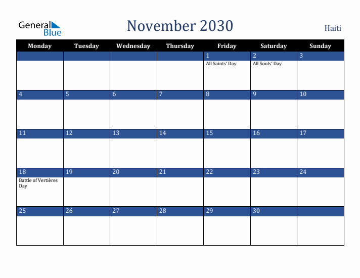 November 2030 Haiti Calendar (Monday Start)