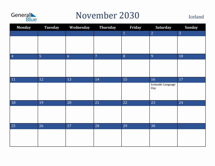 November 2030 Iceland Calendar (Monday Start)