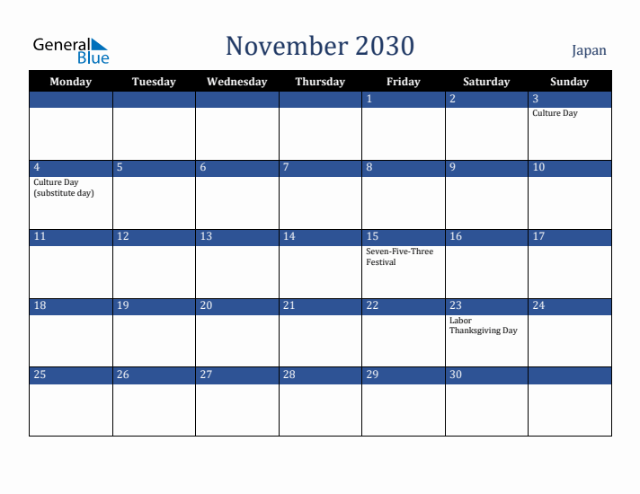 November 2030 Japan Calendar (Monday Start)