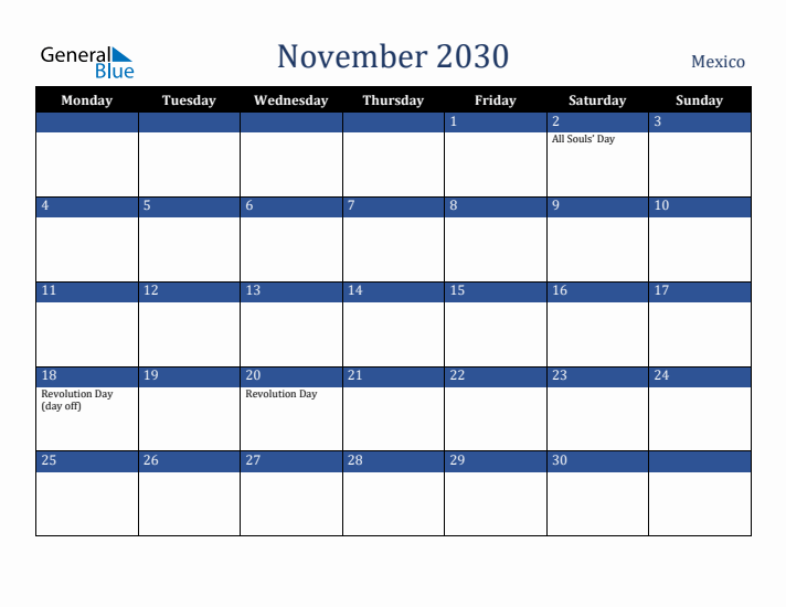 November 2030 Mexico Calendar (Monday Start)
