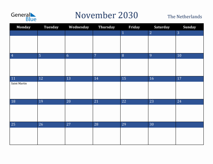November 2030 The Netherlands Calendar (Monday Start)