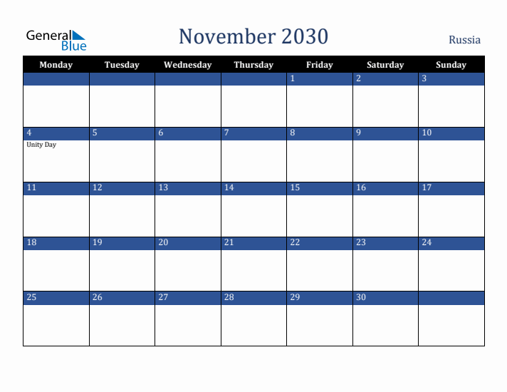 November 2030 Russia Calendar (Monday Start)