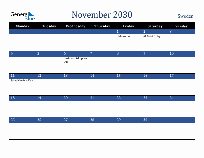 November 2030 Sweden Calendar (Monday Start)