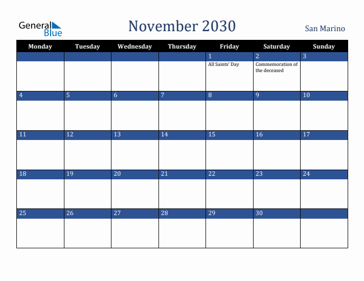 November 2030 San Marino Calendar (Monday Start)