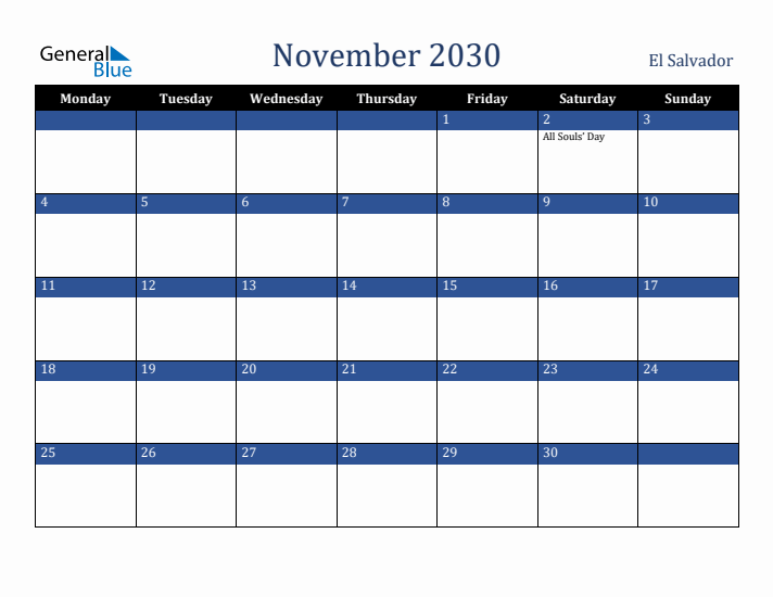 November 2030 El Salvador Calendar (Monday Start)