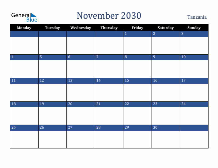 November 2030 Tanzania Calendar (Monday Start)