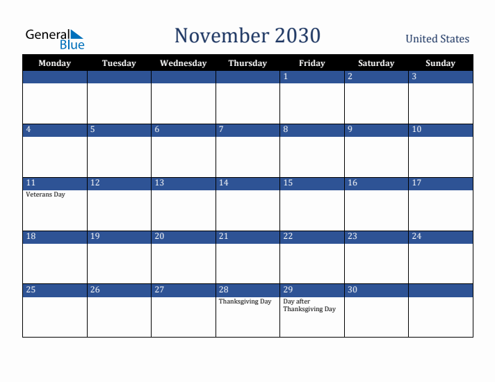 November 2030 United States Calendar (Monday Start)