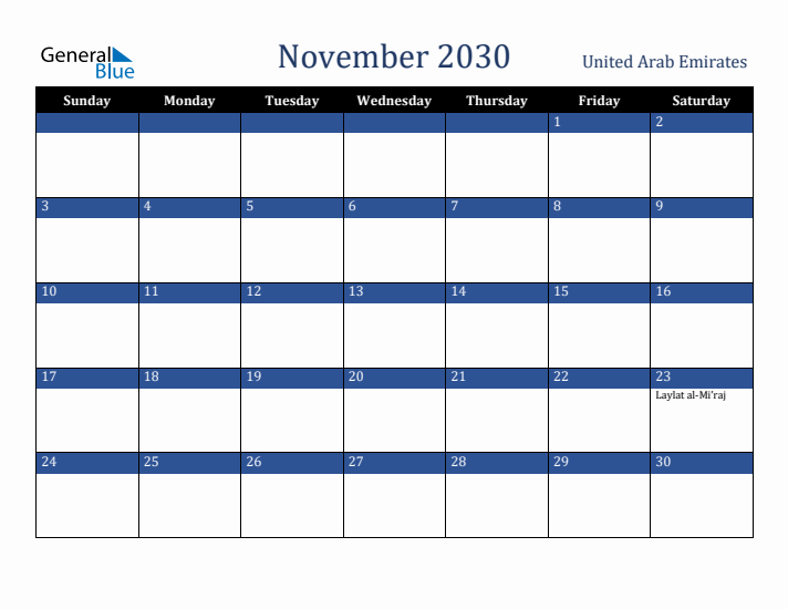 November 2030 United Arab Emirates Calendar (Sunday Start)