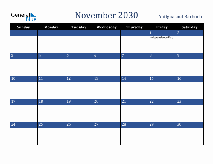 November 2030 Antigua and Barbuda Calendar (Sunday Start)