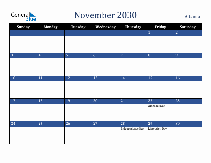 November 2030 Albania Calendar (Sunday Start)