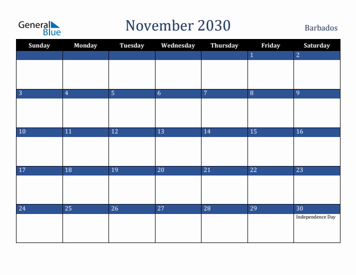 November 2030 Barbados Calendar (Sunday Start)