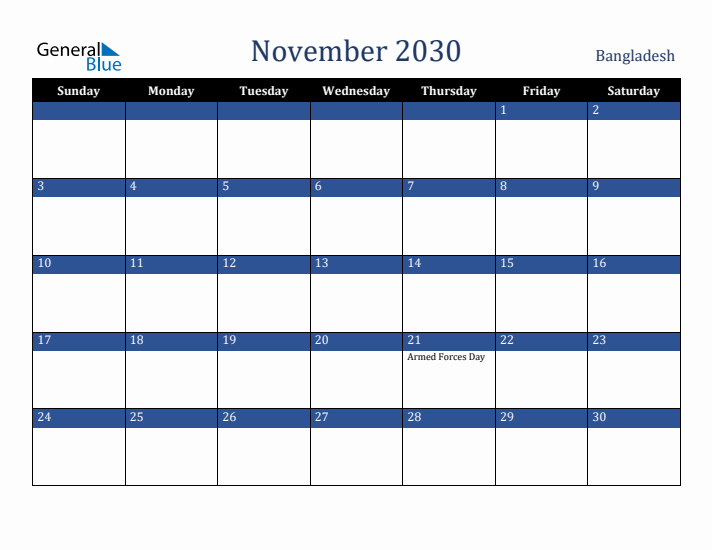 November 2030 Bangladesh Calendar (Sunday Start)
