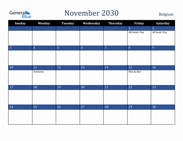 November 2030 Belgium Calendar (Sunday Start)